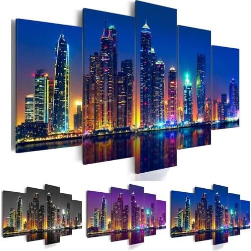 No Frame)5PCS/Set Building Fashion Wall Art Canvas Painting City Night View Modern Home Decoration,Choose Color:3 And Size:3