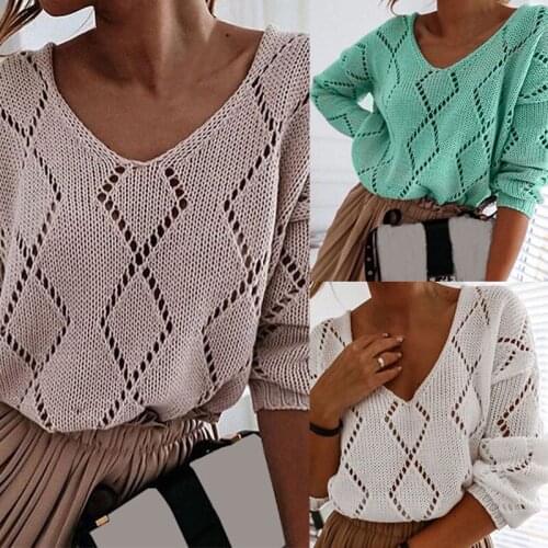 Kili Womens Fashion Casual Solid Color V-Neck Hollow Knit