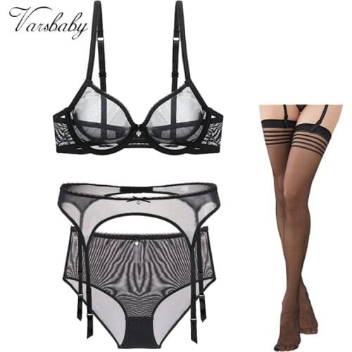 Varsbaby sexy unlined underwire bra set 4 pcs bra+garter+high-waist panties+stockings plus size for ladies