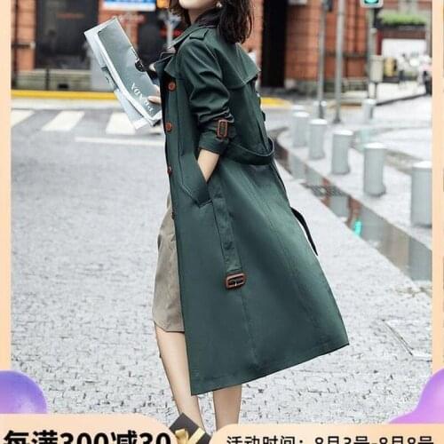 New Dark Green Windbreaker Jacket Womens Mid-length Over-the-knee Fashion British Style Drape Spring and Autumn Coat