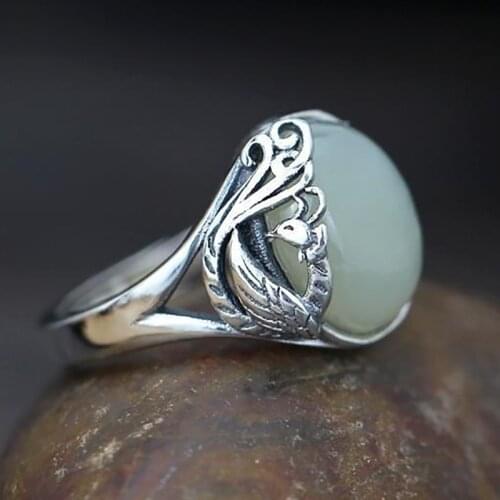 New Silver Retro Jewelry Phoenix Ring Craft Charm Inlaid Jade Female Opening Adjustable Design Temperament Valentines Day Gift