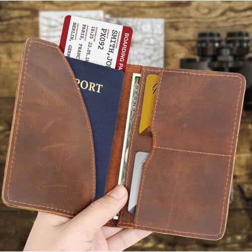 Genuine Leather Passport Cover Men Wallet ID Credit Card Case Vintage Male Passport Holder for Men Slim Document Crazy Horse