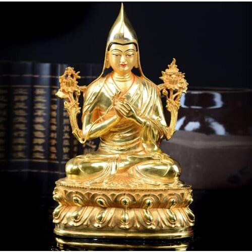 Wholesale Buddha 32CM -HOME Talisman efficacious Protection Tibetan Gelug Buddhism Tsongkhapa gold-plated buddha figure statue