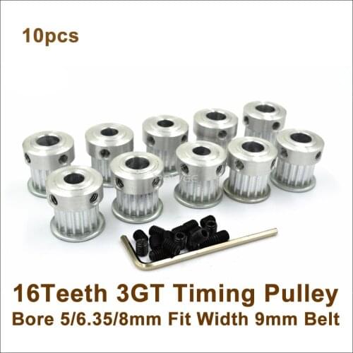 POWGE 10pcs 16 Teeth 3GT Timing Belt Pulley Bore 5/6.35/8mm Fit W=9mm 3GT Timing Belt 3D Printer Parts 16T 16Teeth GT3 Pulley