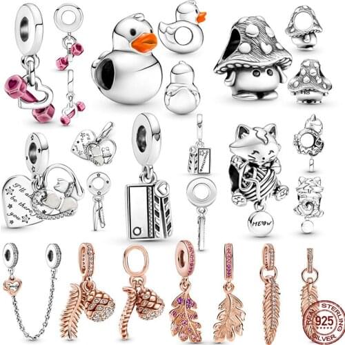 2021 New 925 Sterling Silver Cute Duck and Pink Bumbbells Charm Fit Original 3mm Bracelet&Bangle Making Fashion DIY Jewelry