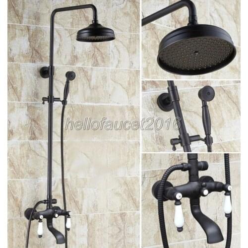 Bathroom 8 inch Rain Shower Dual Ceramic Handle Faucet Set Black Oil Rubbed Bronze Finish Clawfoot Bathtub Mixer Tap lhg141