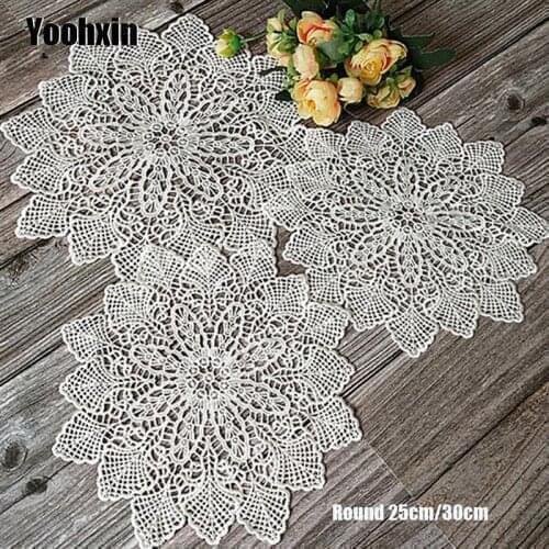 Modern white Lace Round Embroidery table place mat Christmas pad Cloth placemat cup mug dining tea coaster coffee doily kitchen
