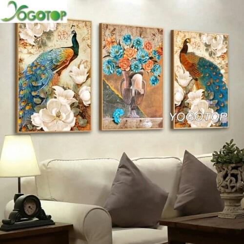 Triptych peacocks peony Flower Diy Diamond Painting Craft Diamond Embroidery Full Drill mosaic puzzles Decor 3 Pieces ML1322