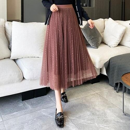 3 Layered Tulle Womens Shining Bronzing polka dot Mesh Tutu Skirt Ball Gown Pleated Long Maxi Skirts 2021 Spring