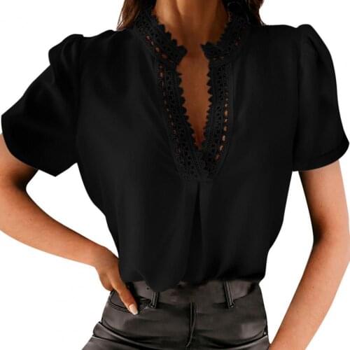 Womens Shirts Tops Short Sleeve Lace Deep V Neck Top Female Solid Color Hollow Out Blouse Ladies Office Shirt Spring Autumn