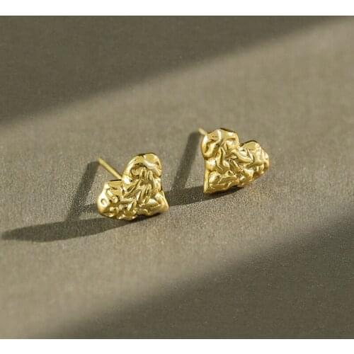 YPAY 100% Real 925 Sterling Silver Stud Earrings for Women Korea INS Rock Texture Heart Earring Fine Party Jewelry Gifts YME791