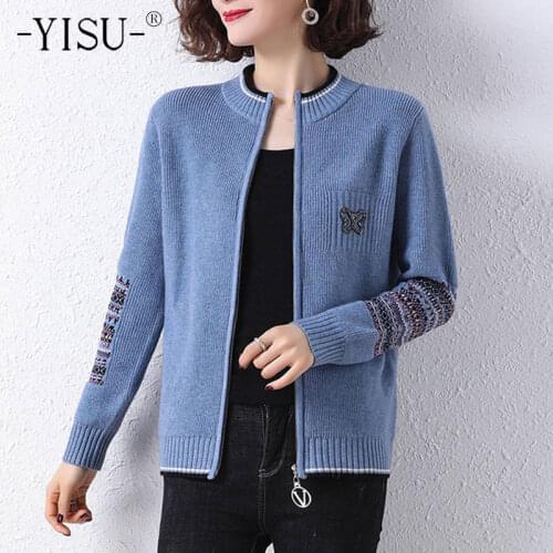 YISU 2021 New Spring Women Zipper Cardigan O-Neck Spring tops All-match Female Fashion Long sleeve Casual Knitted Cardigan