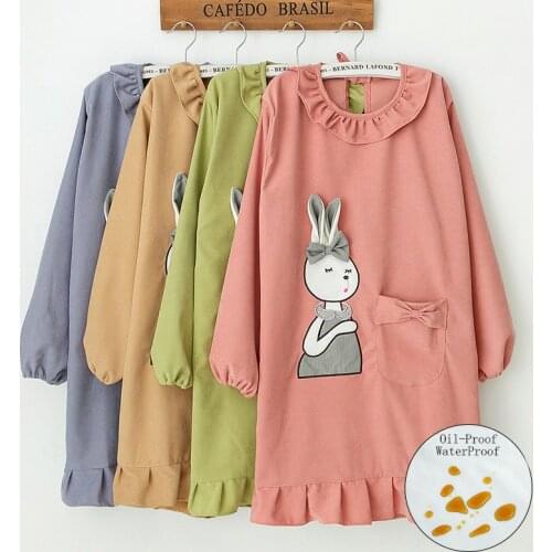 Bunny Pattern Corduroy Women Kitchen Sleeved Apron House Cleaning Bib Pocket Waterproof Oil-Proof Cooking Baking Pinafore 46433