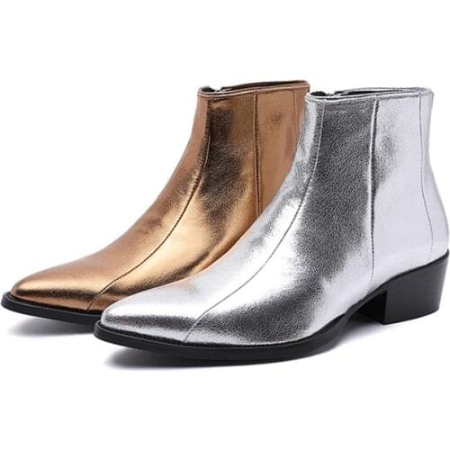 Golden Luxury genuine Leather black sole wedge zipper Men Boots Handmade Slim Fit Chelsea cowboy denim skinny boots