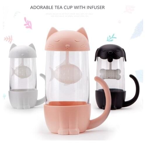 1pc 3 Colors Cute Cat Glass Cup Tea Mug With Fish Infuser Strainer Filter Home Offices Daily Supplies