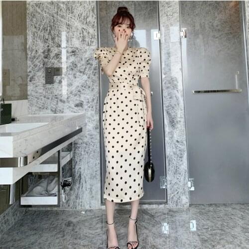 2020 Summer Print Polka Dot Puff Sleeve Satin Dress Woman Half Sleeve Wrap Bodycon Midi Dress Ladies Slim Corset Womens Dresses
