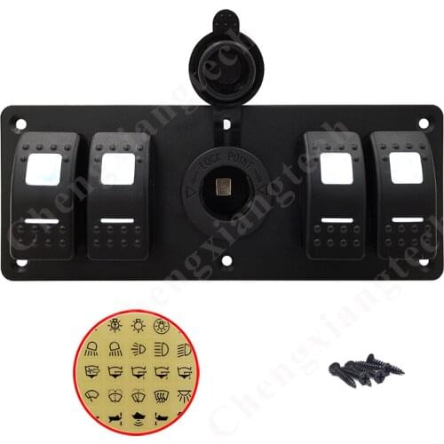 5 In 1 White Led 4 Gang Rocker Switch Aluminum Panel with Cigarette Lighter Power Socket + 2 Sheets of Sticker for Car Boat RVs