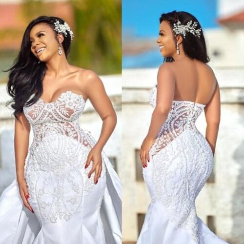 African Plus Size Wedding Dresses 2020 Detachable Sweetheart Mermaid Wedding Gown Appliqued Satin Country Bridal Dresses