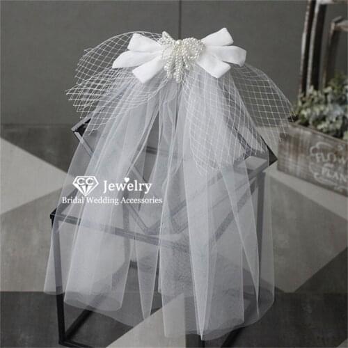 CC Bridal Veil With Comb Lvory White Hair Wedding Accessories for Bride Women Double Layer Pearl Butterfly Shape 43cm Lace 2928