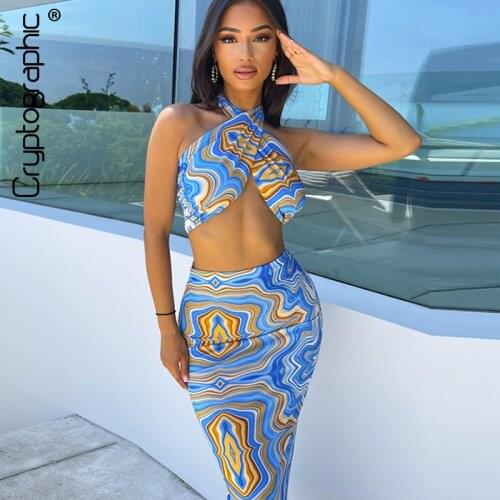 Cryptographic Print Halter Sexy Cut Out Crop Top Dress Sets Fashion Outfit Summer Top and Skirts Matching Set Club Party Clothes