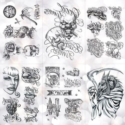 Sketch Curlicue Word Clown Mask Waterproof Temporary Tattoo Sticker Classic Old School Flash Tattoos Body Art Arm Fake Tatoo