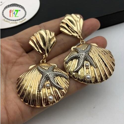 F.J4Z Hot Seafish Seashell Pendant Earrings Boho Cowries Sea Stars Women Statement Earrings Hawaii Beach Earrings Jewelry