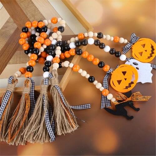 Halloween Wood Bead Garland Decorated with Pumpkin Pendants Grey Tassel Party Favor Pendants Signs Wall Door Decorations