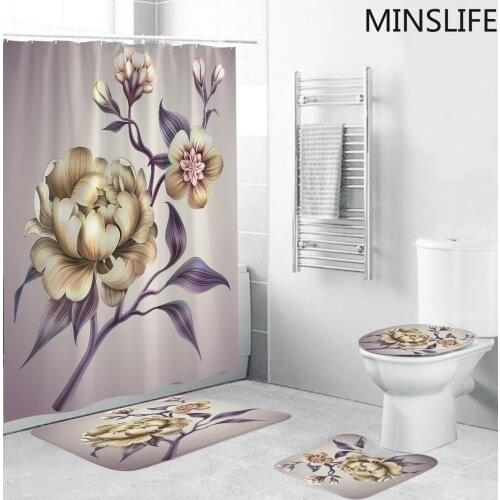 Graceful Flower Printed Bathroom Set with Shower Curtain and Rugs Bath Mats Rugs Pedestal Toilet Lid Cover Anti-skid Mat Carpet