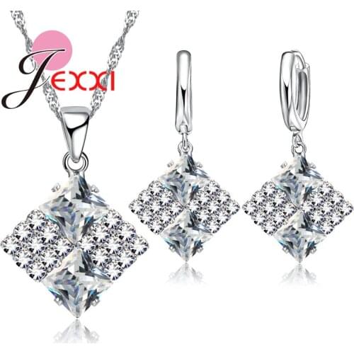 Full Shiny Cubic Zirconia Rhombus 925 Sterling Silver Jewelry Set Charm Gift Women Girls 6 Colors Necklace Earring Sets