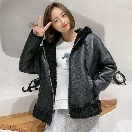 MENINA BONITA 2021 Double Faced Fur Winter Jacket Women Genuine Leather Hood Coat Natural Merino Sheep Fur Outerwear Locomotive