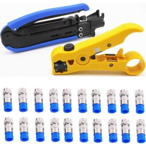 Multitool Wire Stripping Squeezing Pliers Coaxial Cable Cold Press Clamp RG59 RG6 Cable TV Crimping Tool Set with 20 F Heads