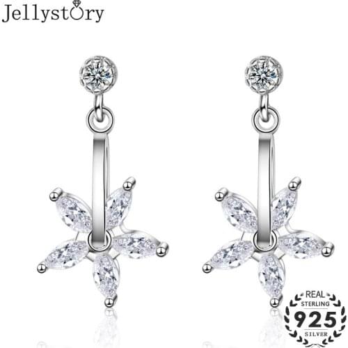 Jellystory Trendy Silver 925 Earrings with Five petal flower Shape Zircon Gemstone Drop Earrings for Women Wedding Jewelry Gift