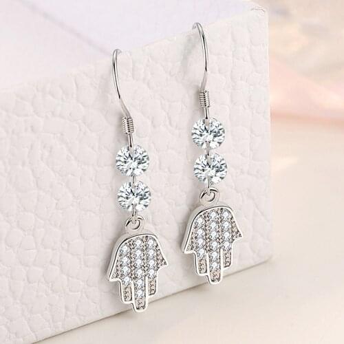 925 Sterling Silver Tassel Crystal Fatima Hamsa Hand Piercing Drop Earring For Women Wedding Party Elegant Jewelry eh953