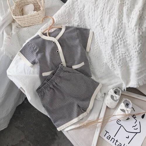 Fashion Outfit Summer Girls 2Pcs Plaided Clothes Sets Short Sleeve Blouse T-shirt Tops+Shorts Pant Kids Suit Children S12480