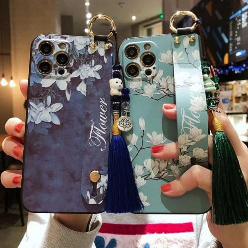 3D Emboss Soft Silicone Phone Holder Case For iphone 11 12 Pro Max X XR Xs max 8 7 6S 6 Plus se Tassel Wrist Strap Hand Cases