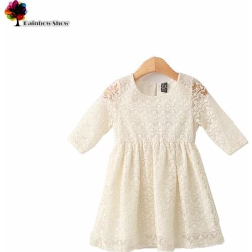 New Children Clothing Summer Girls Elegant Floral Lace Half-sleeved O-neck Cotton Dresses with Flower - shaped Cutouts