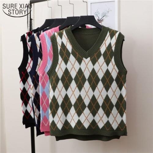 New Spring Autumn Casual Loose Sweater Vest Women Pullover Argyle Sweater Vest Sweet Sleeveless Plaid Knitted Vests Female 11832