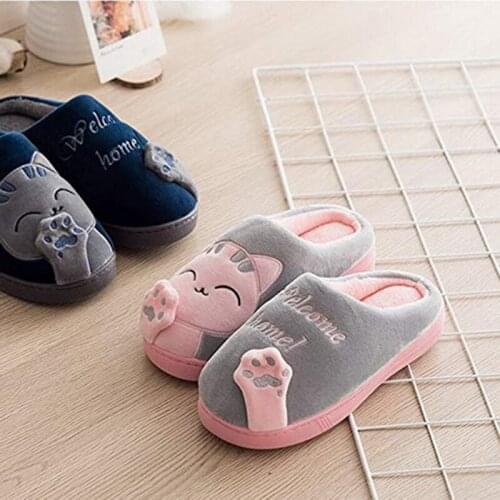 New Stylish Women Lovers Winter Home Slippers Cartoon Cat Shoes Non-slip Soft Winter Warm House Slippers Indoor BedroomCouples
