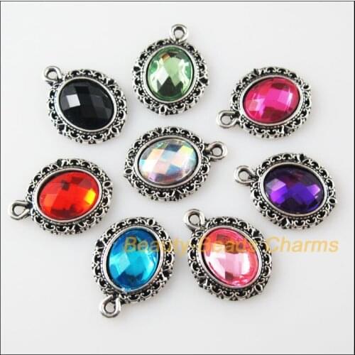 New 24Pcs Mixed Tibetan Silver Acrylic Plastic Oval Charms Pendants 13.5x18mm