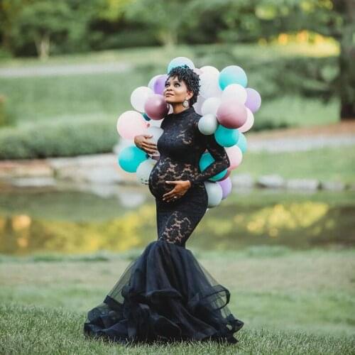 Maxi Maternity Gown Dresses for Photo Shoot Pregnant Women Long Sleeve Black Lace Turtleneck Photography Dresses Pregnancy Dress