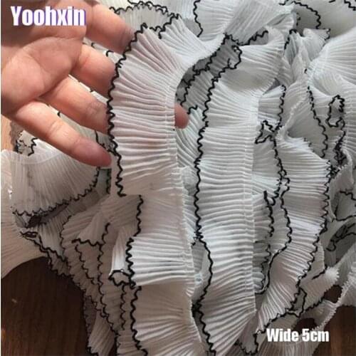 5cm wide pleated chiffon elastic lace ruffle cropped Ribbon 3D flowers dress collar applique of guipure Embroidery DIY craft
