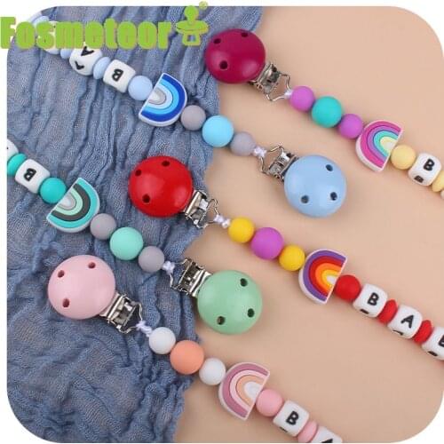 Fosmeteor Rainbow Silicone Pacifier Clip Baby Customized Name Teether Beads BPA Free Silicone Chain Kids Handmade Toys For Baby