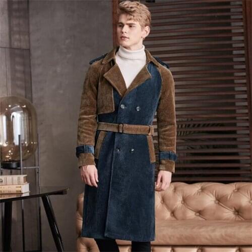 Super long velvet trench coat mens 2021 autumn winter пальто мужское retro matching coat European goods over knee long clothes
