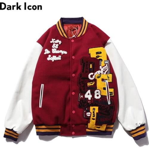 Dark Icon PU Leather Patchwork Bomber Jacket Embroidery Padded Thick Winter Mens Jackets Baseball Jacket Man