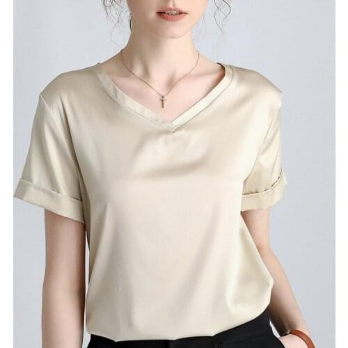 High-end V-neck heavy silk short-sleeved T-shirt womens summer 2021 100% mulberry silk outer wear all-match top