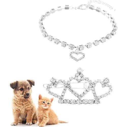 Pets Jewelry Cat Tiara Crown Hair Clip Necklace For Small Dogs Crystal Rhinestone Girls Puppies Barrette Hair Accessories