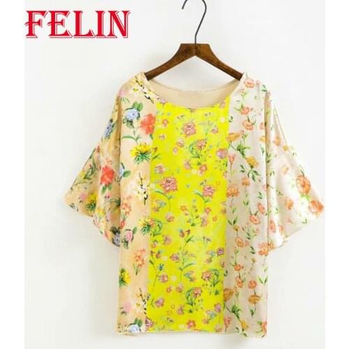 FELIN Za Oversized Women T-Shirts Flower Print Vintage Summer Tops Women Short Sleeve Loose Long T-Shirts Fashion 2021 Tops