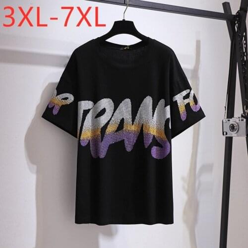 New 2021 Ladies Summer Plus Size Tops For Women Large Short Sleeve Loose Black Cotton Print O-neck T-shirt 3XL 4XL 5XL 6XL 7XL