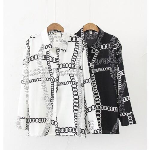 New Womens Vintage Chain Print Chiffon Shirt Long Sleeve Button Up Cardigans Lapel Office Lady Blouses Casual Autumn Tops 2021