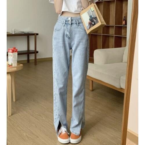 Light Blue Denim Jeans Pants Women High Waist Split Flared Jeans Trousers 2021 Ladies mom jeans high Stretch distressed jeans